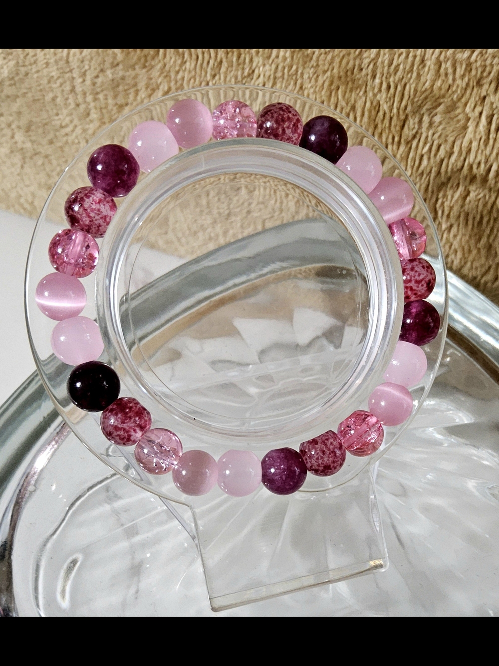 Handmade Pink & Purple Beaded Stretch Bracelet — Mixed Quartz & Cat's Eye - Picture 2 of 5